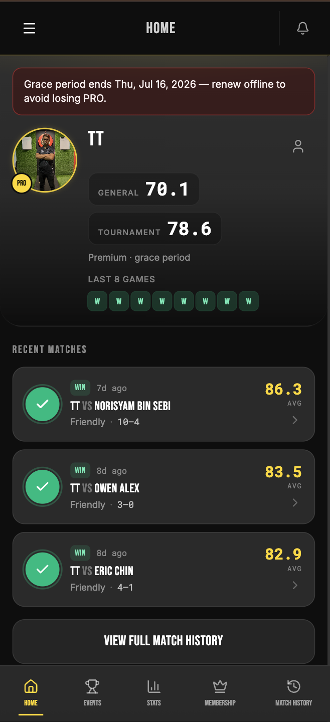 Player dashboard showing profile average, recent wins, and match history.