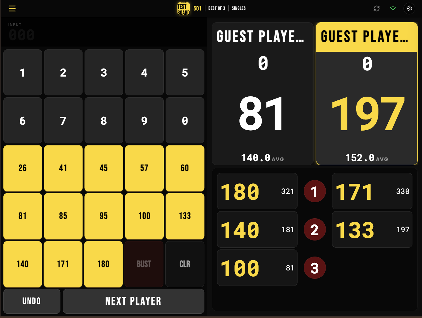 Tablet scoring screen showing two guest players, keypad scoring, leg scores, and checkout options.