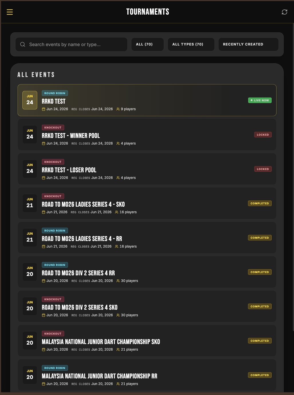 Darts.my tournament list showing event status, dates, types, and player counts.